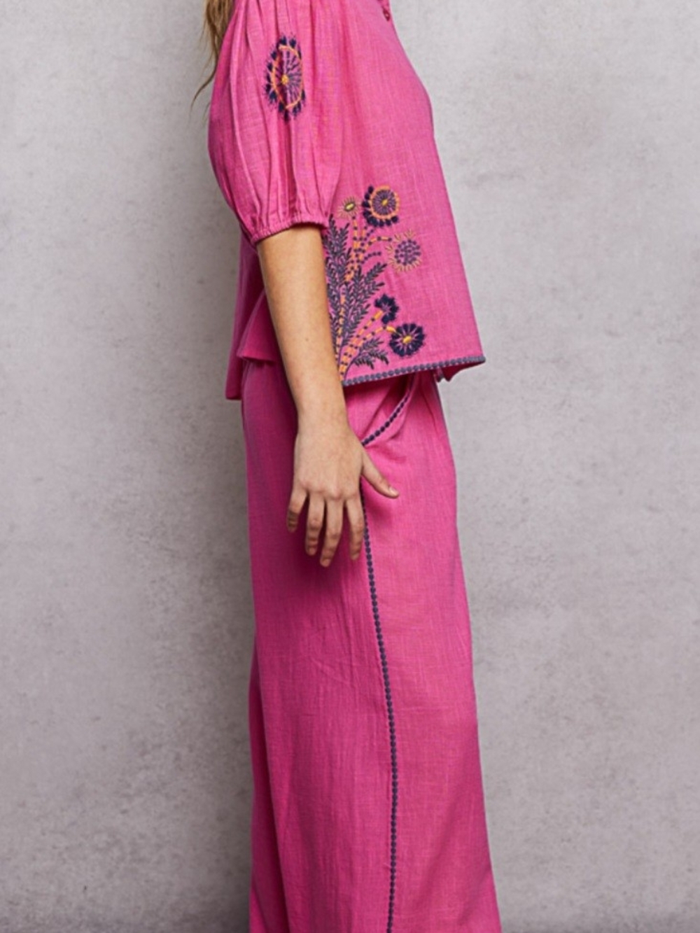 POL Pink Embroidered Button-Front Pants Set - Picture 2 of 8